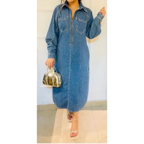 Zara Dresses & Skirts - ZARA ~ MINIMALIST DENIM DRESS size Large-i12